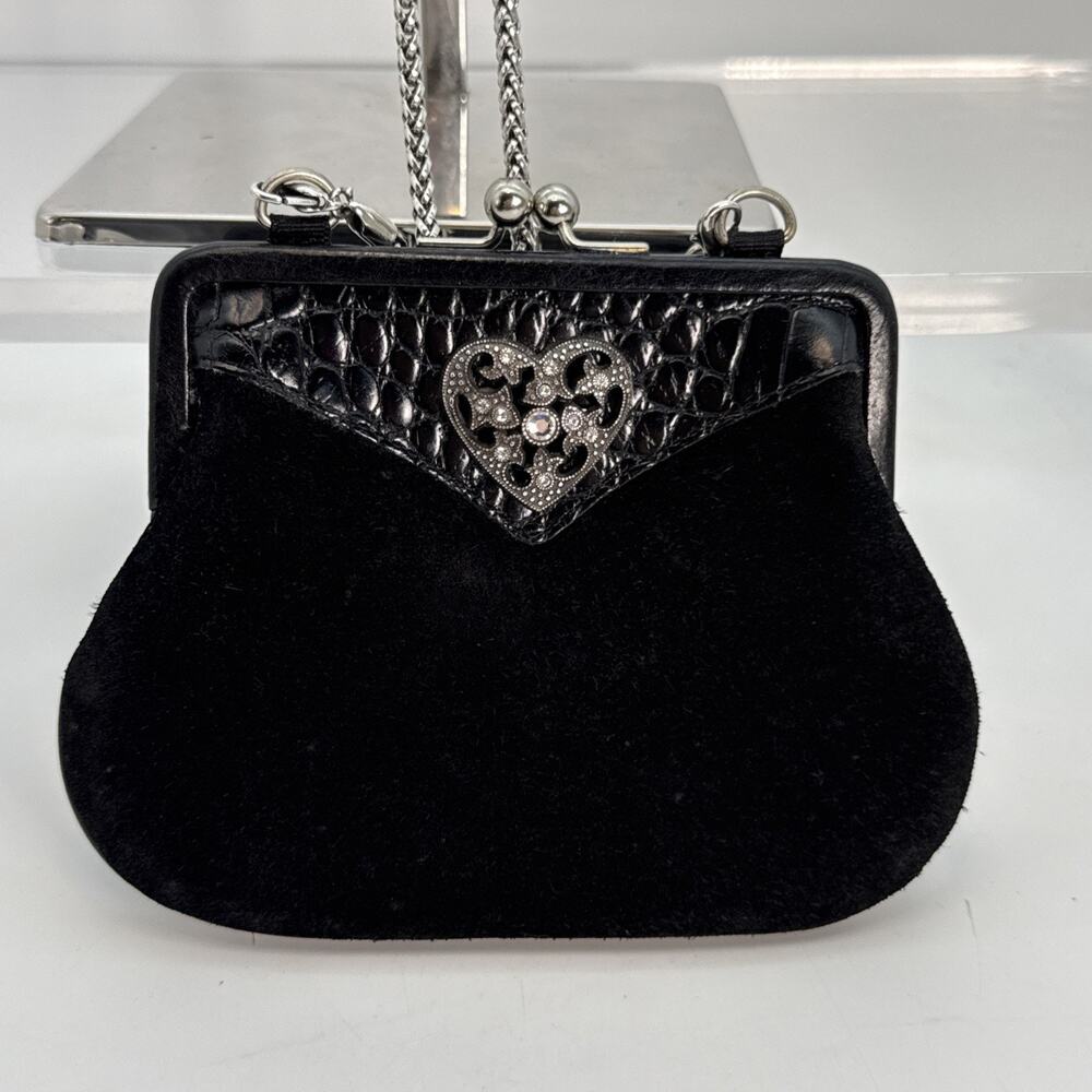 BRIGHTON Evening Purse Bag Rhinestone Heart Black Suede Patent Leather 24” Drop
